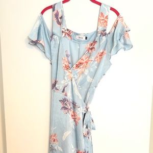 Blue floral silk wrap dress